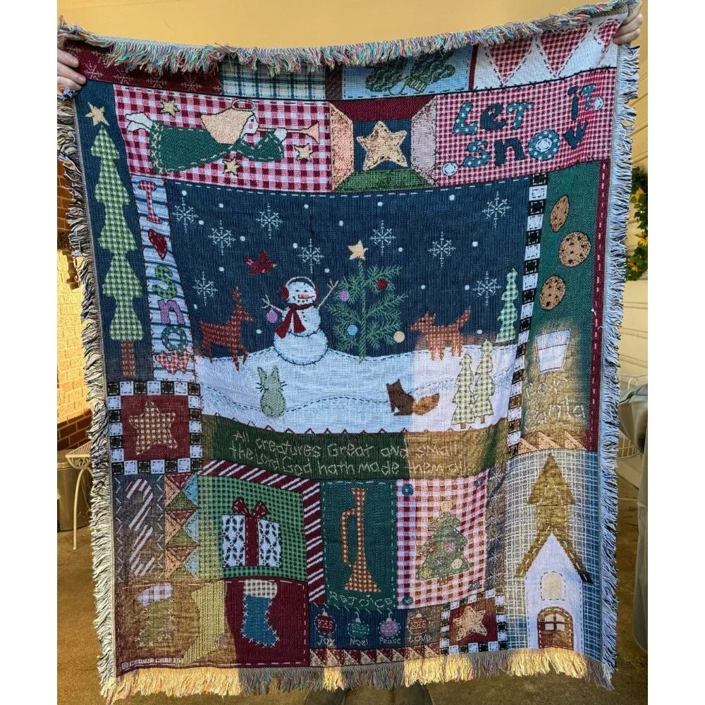Christmas Tapestry Throw Blanket Snowman Forest Animals Farmhouse Lodge 50x48
